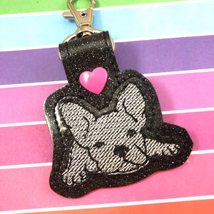 Frenchie French Bulldog snap tab In the Hoop Embroidery Design