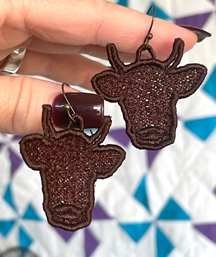 Cow and Bull FSL Earrings - In the Hoop Freestanding Lace Earrings