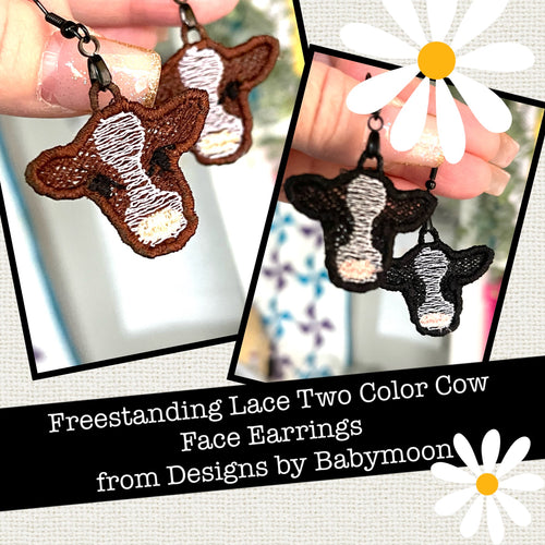Two Color Cow Face Holstein style cow FSL Earrings - In the Hoop Freestanding Lace Earrings
