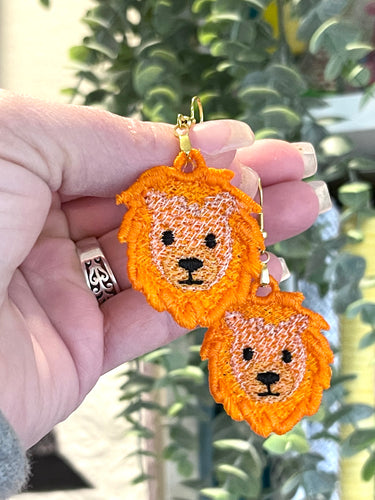 Lion Face FSL Earrings - In the Hoop Freestanding Lace Earrings Design for Machine Embroidery