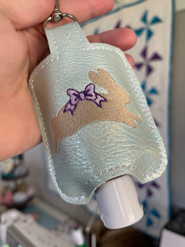 Leaping Bunny Hand Sanitizer Holder Snap Tab Version In the Hoop Embroidery Project 2 oz for 5x7 hoops