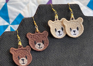 Pendientes FSL con cara de oso de peluche - Diseño de pendientes de encaje independientes en el aro para bordado a máquina