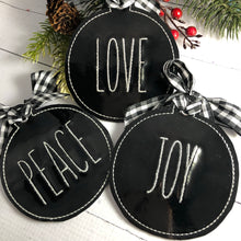 Set of THREE Farmhouse PEACE, LOVE, and JOY Christmas Ornaments for 4x4 hoops