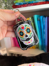 Sugar Skull Hand Sanitizer Holder Snap Tab Version In the Hoop Embroidery Project 1 oz for 5x7 hoops