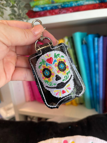 Sugar Skull Hand Sanitizer Holder Snap Tab Version In the Hoop Embroidery Project 1 oz for 5x7 hoops