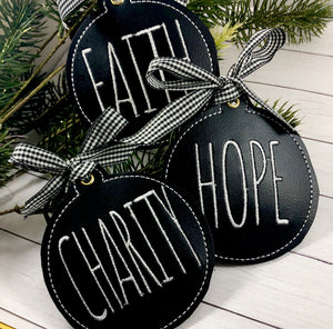 Set of FOUR Farmhouse FAITH, HOPE, CHARITY, and LOVE Christmas Ornaments for 4x4 hoops