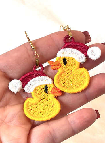 Boucles d’oreilles Rubber Ducky Christmas FSL - Boucles d’oreilles en dentelle autoportantes In the Hoop