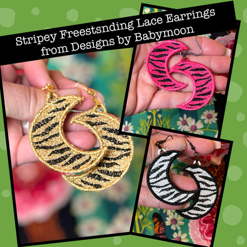 Tiger Zebra Print Moon FSL Earrings - In the Hoop Freestanding Lace Earrings