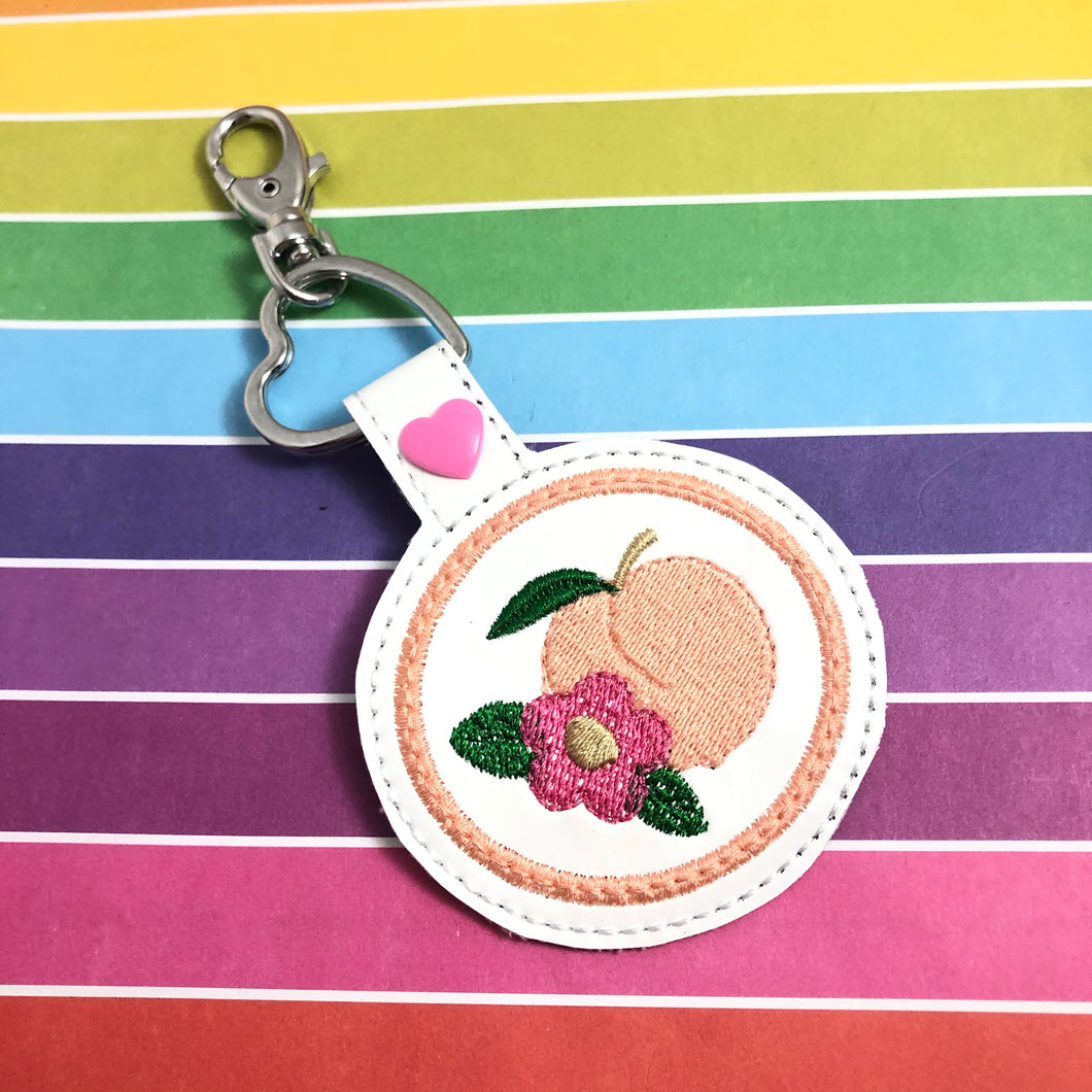 Peach Floral snap tab -4x4 -Backpack tag embroidery design-ITH key fob tag