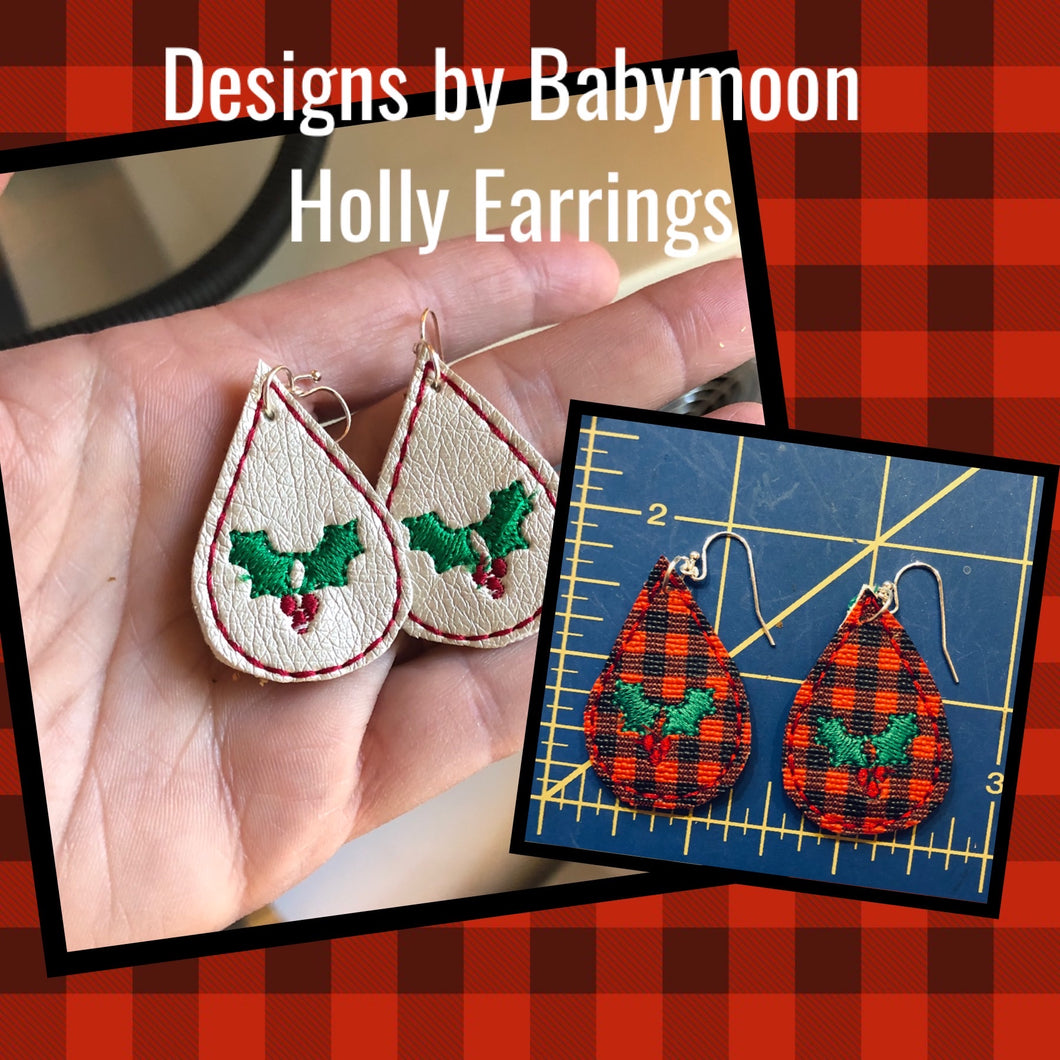 Holly Teardrop Earrings embroidery design for Vinyl and Leather