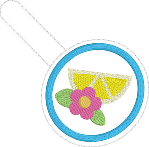Lemon Floral snap tab -4x4 -Backpack tag embroidery design-ITH key fob tag