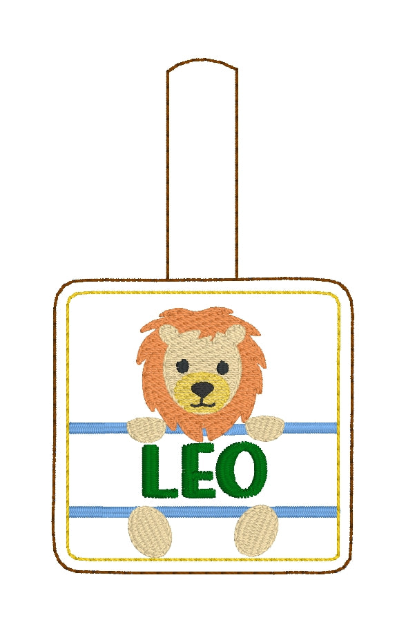 Lion Name Tag snap tab embroidery design for 4x4 hoops