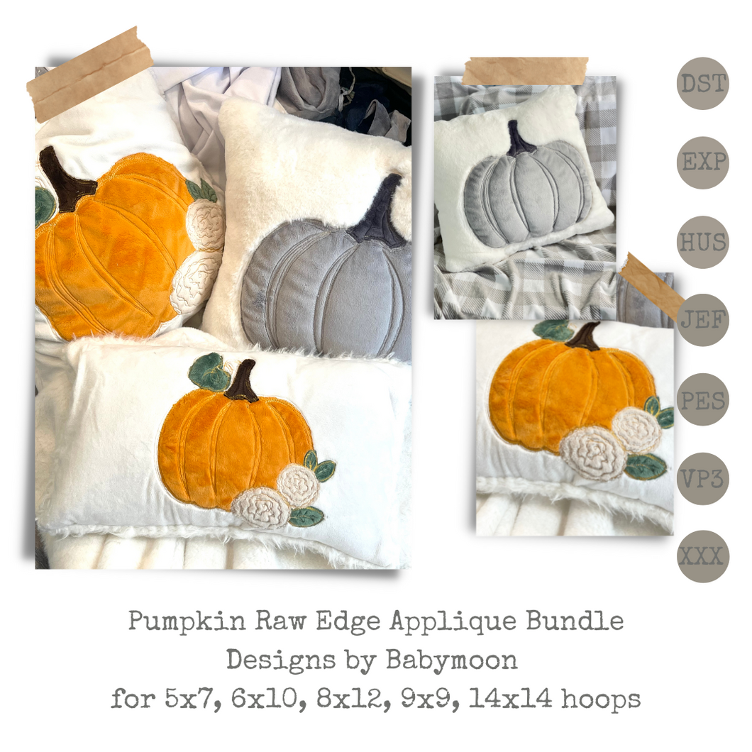 Pumpkin and Pumpkin Florals Raw Edge Applique Design - Five Sizes 5x7, 6x10, 8x12, 9x9, 14x14