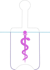 Rod of Asclepius Hand Sanitizer Holder Snap Tab Version In the Hoop Embroidery Project 3 oz DT for 5x7 hoops